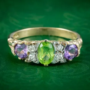 Edwardian Suffragette Style 9Ct Gold Amethyst Peridot Diamond Ring