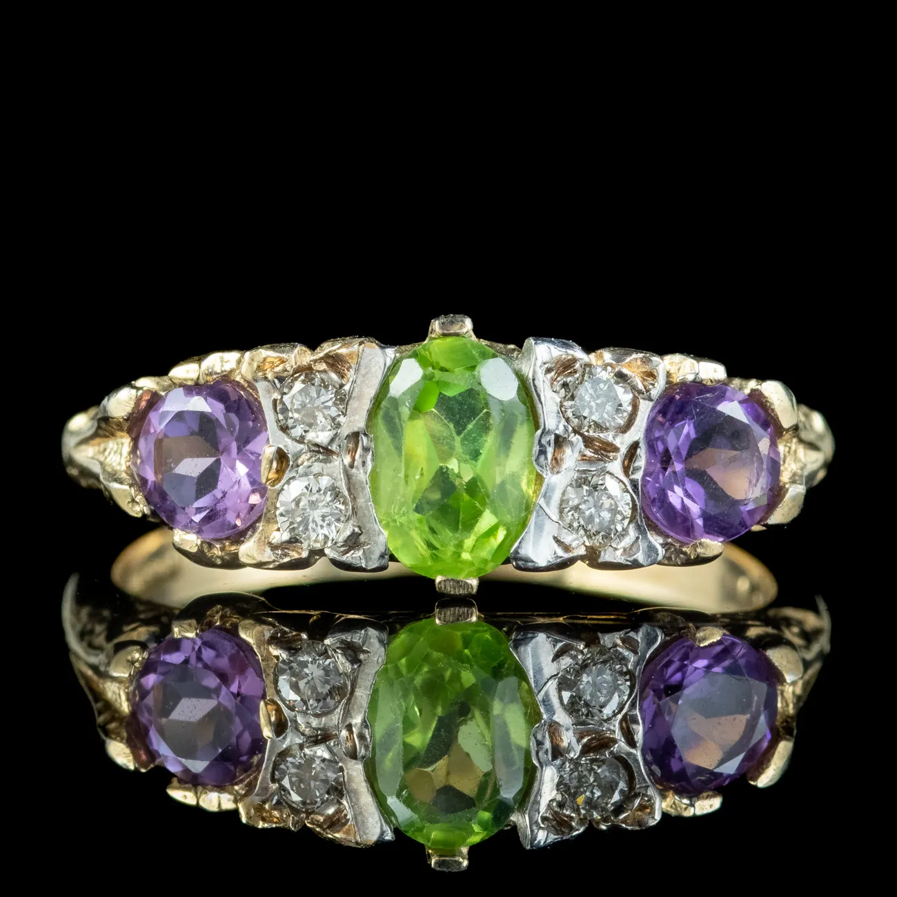 Edwardian Suffragette Style 9Ct Gold Amethyst Peridot Diamond Ring