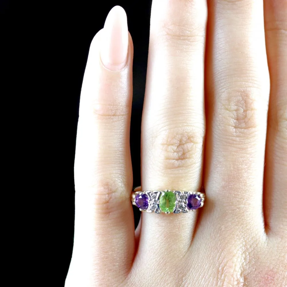 Edwardian Suffragette Style 9Ct Gold Amethyst Peridot Diamond Ring