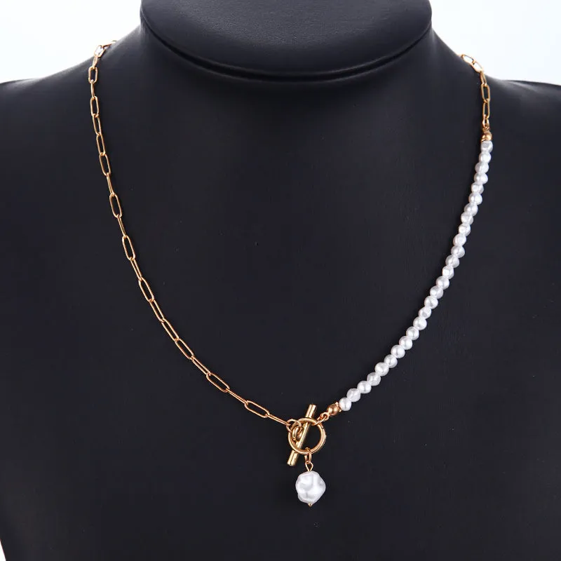 Elegant Natural Freshwater Pearl Necklace For Women Gold Chunky Link Chain Asymmety Toggle Clasp Circle Chokers Necklace