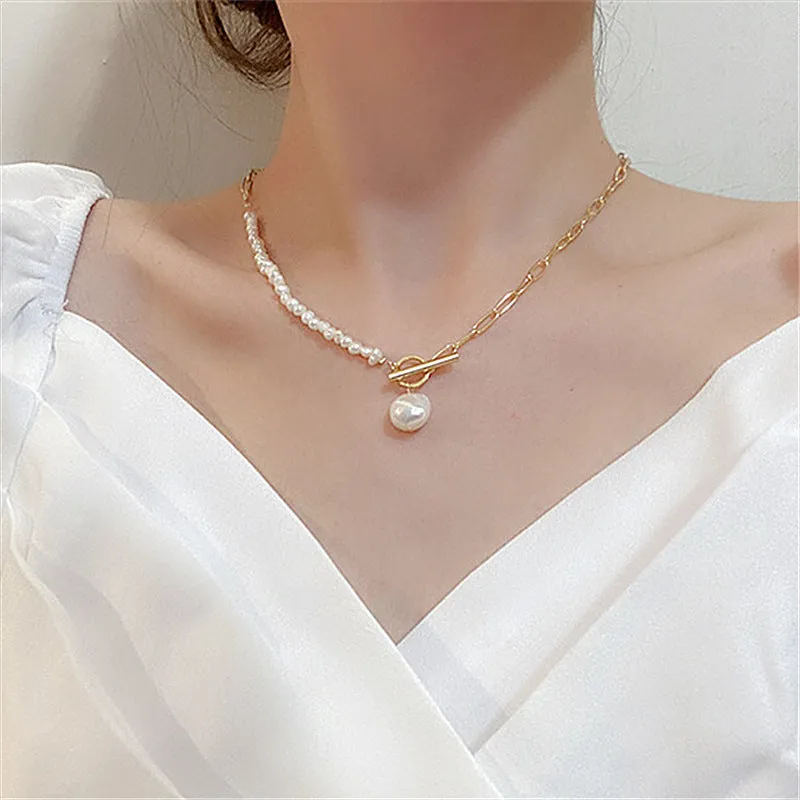 Elegant Natural Freshwater Pearl Necklace For Women Gold Chunky Link Chain Asymmety Toggle Clasp Circle Chokers Necklace