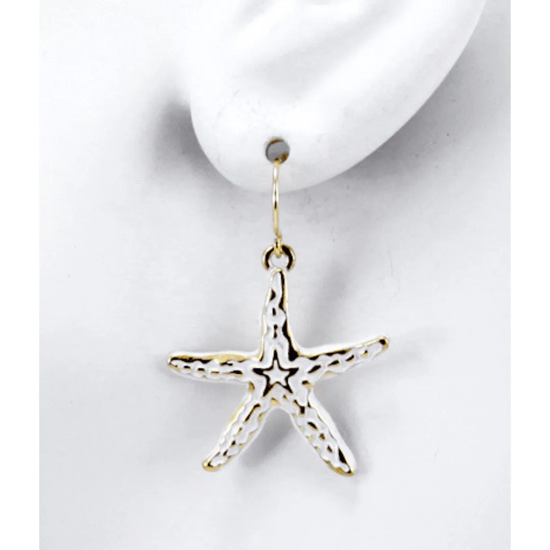 Gold Starfish Earrings With White Epoxy