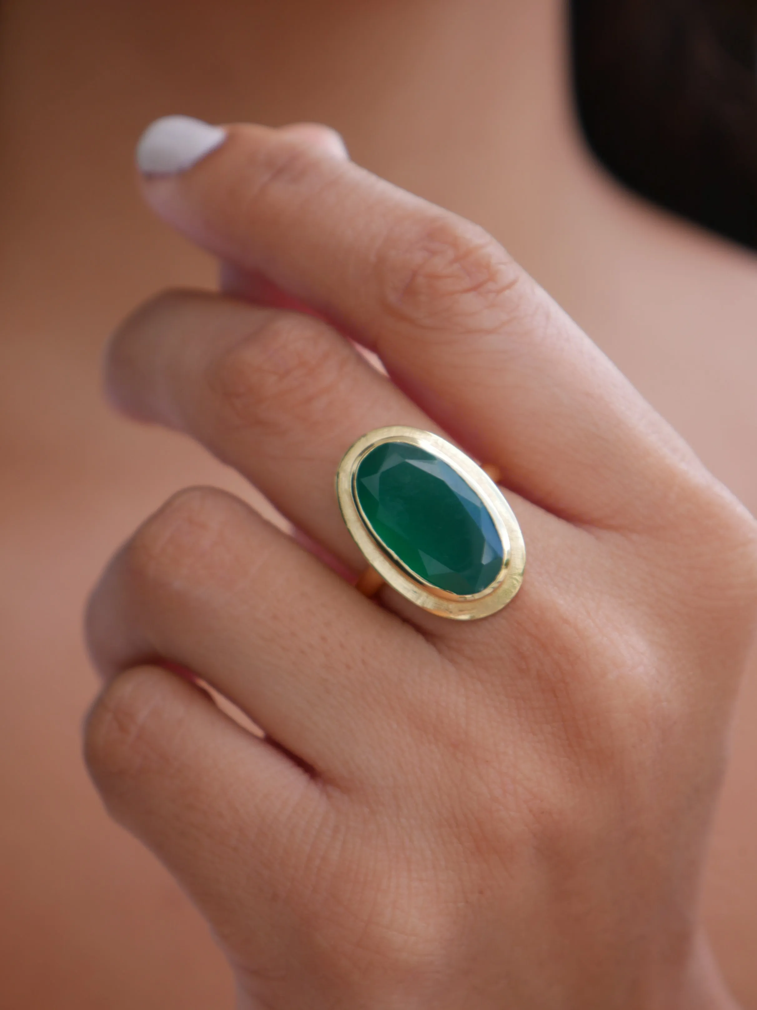 Green Onyx Gold Ring, 925 Sterling Silver,  18k Gold Plated Natural Onyx Gemstone Oval Vintage Style Ring