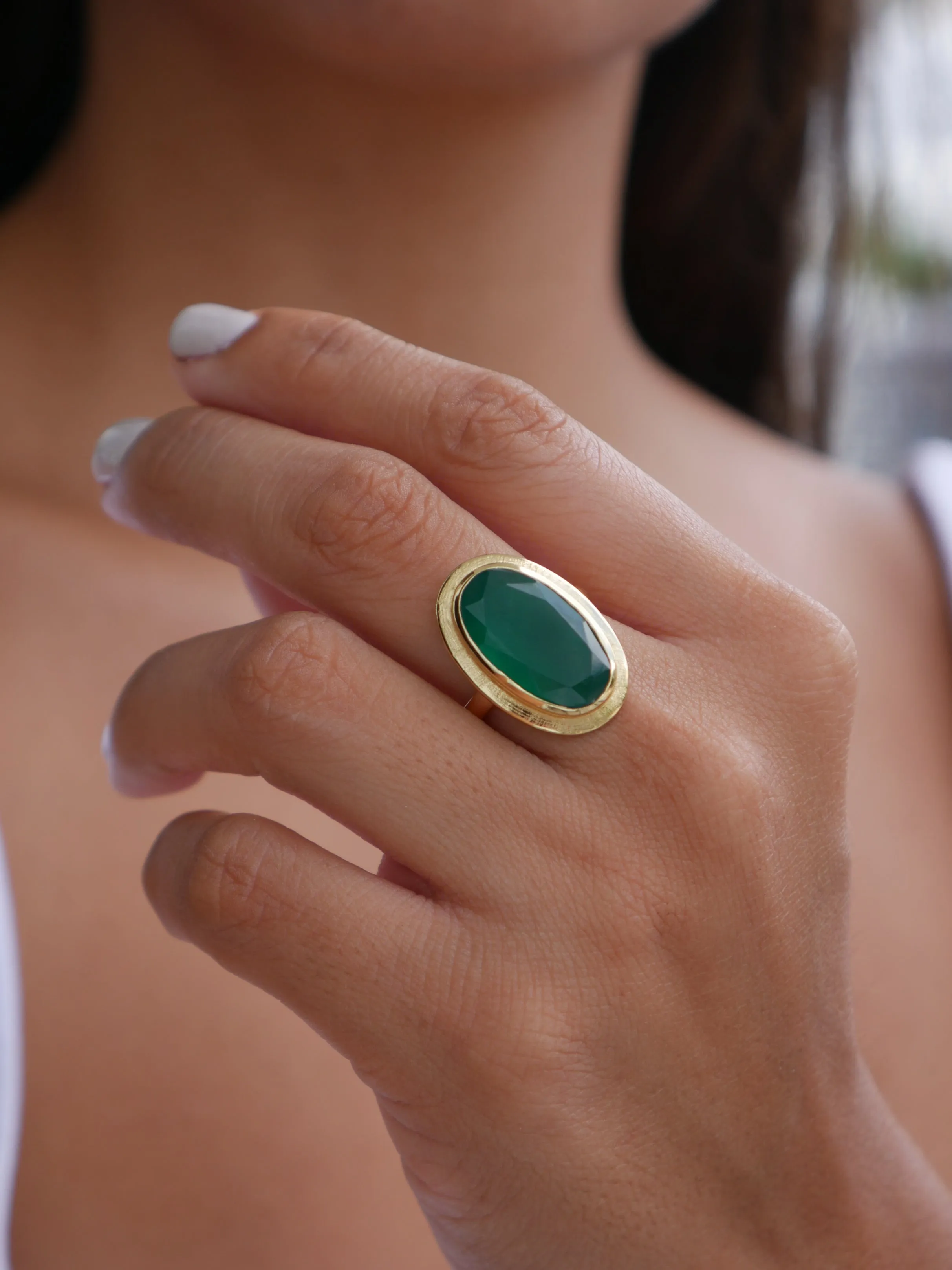 Green Onyx Gold Ring, 925 Sterling Silver,  18k Gold Plated Natural Onyx Gemstone Oval Vintage Style Ring