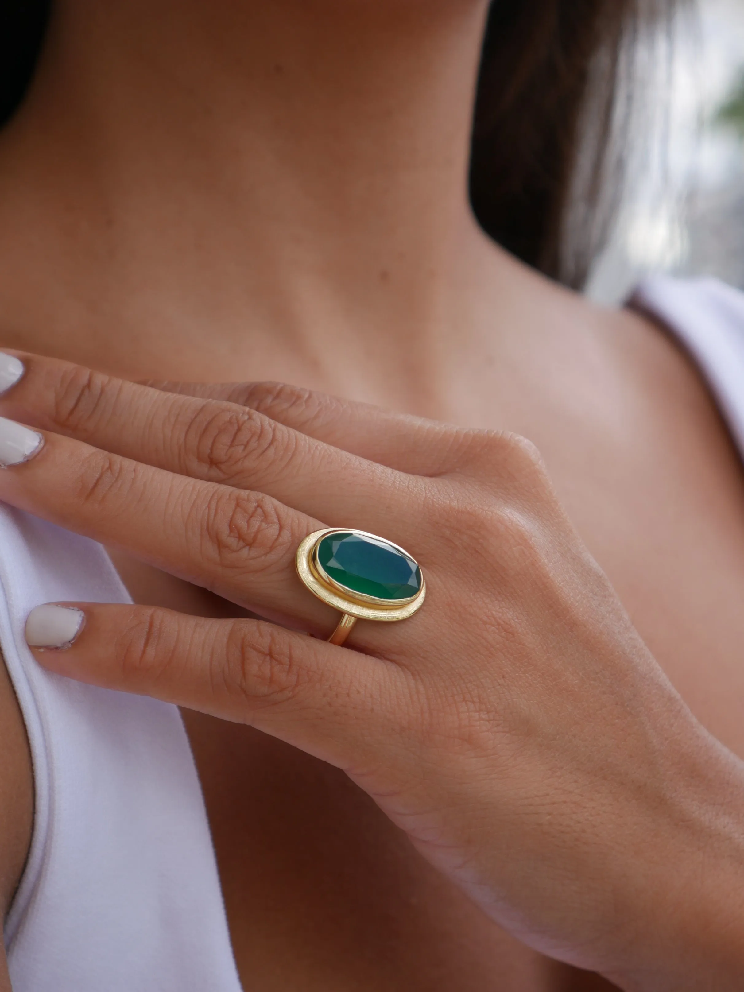 Green Onyx Gold Ring, 925 Sterling Silver,  18k Gold Plated Natural Onyx Gemstone Oval Vintage Style Ring