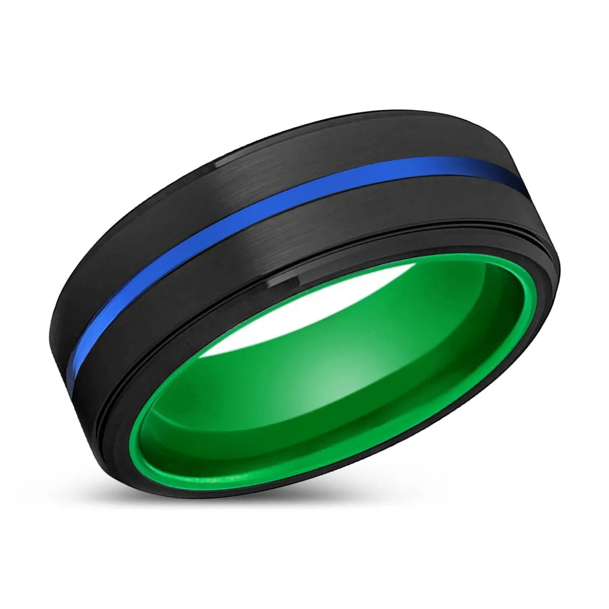 HALBERD | Green Ring, Black Tungsten Ring, Blue Groove, Stepped Edge