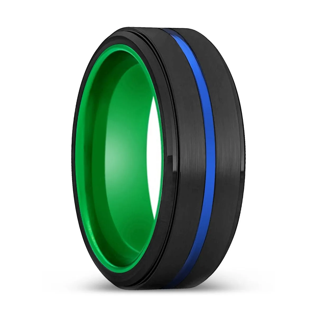 HALBERD | Green Ring, Black Tungsten Ring, Blue Groove, Stepped Edge