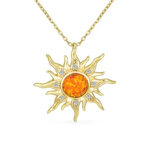 Irradiance CZ Accents Orange Fire Opal Pendant Necklace Gold Plated Silver