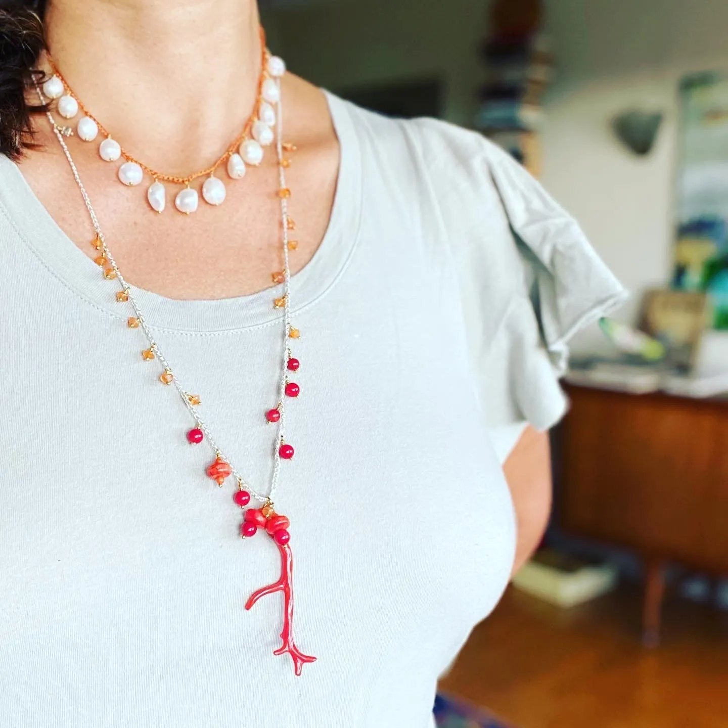 Italian coral branch crochet  necklaces