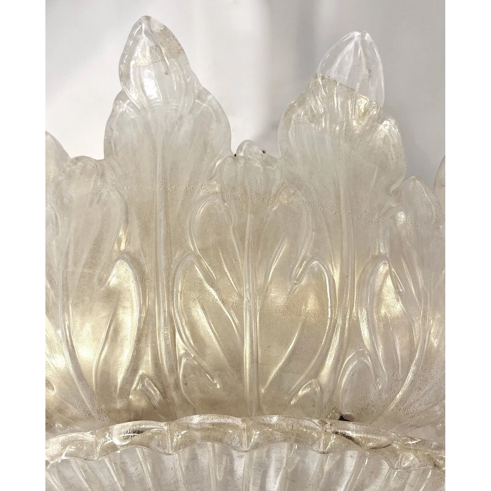 Italian Leaf Decor Pearl White and Gold Murano Glass Flush Mount Chandelier 1980