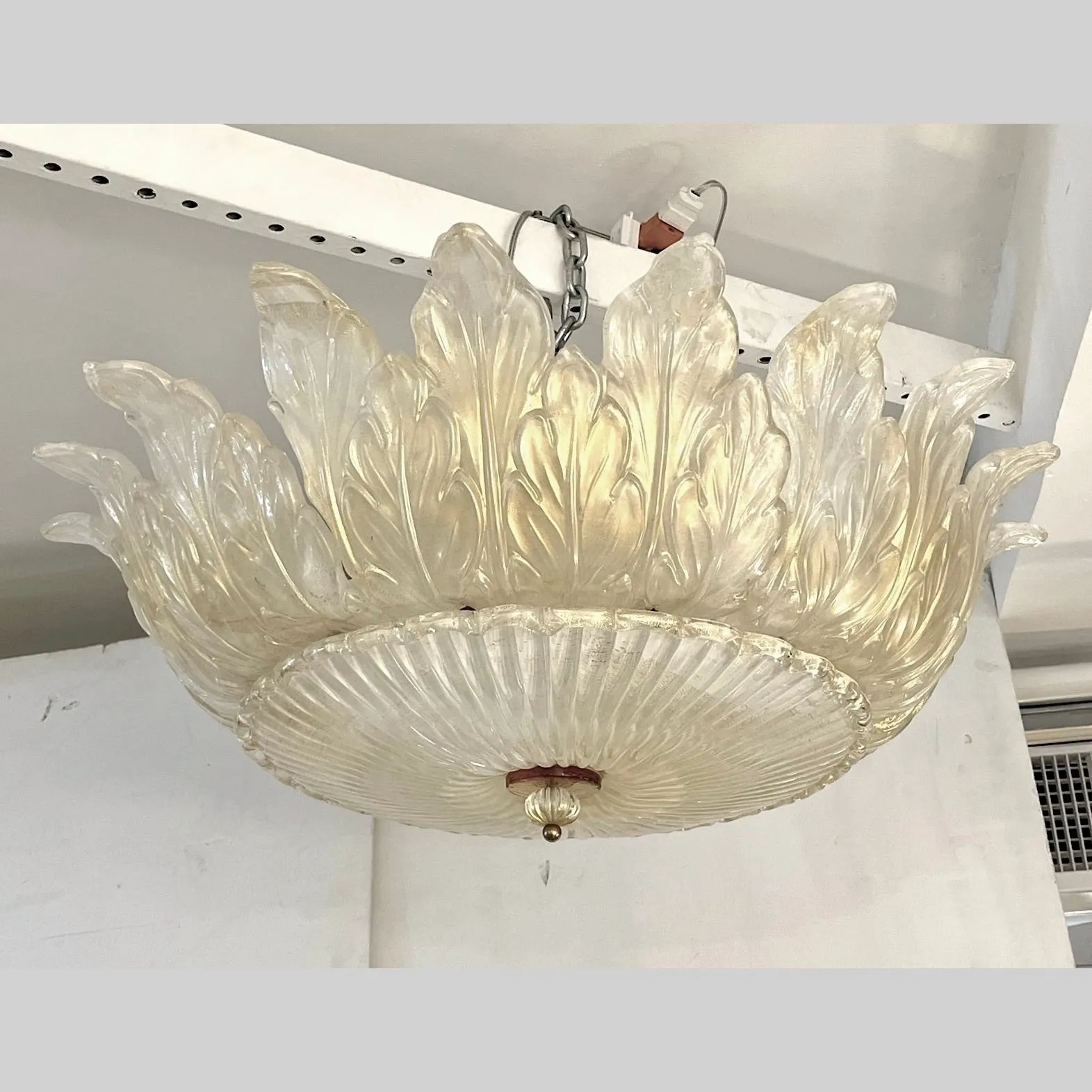 Italian Leaf Decor Pearl White and Gold Murano Glass Flush Mount Chandelier 1980