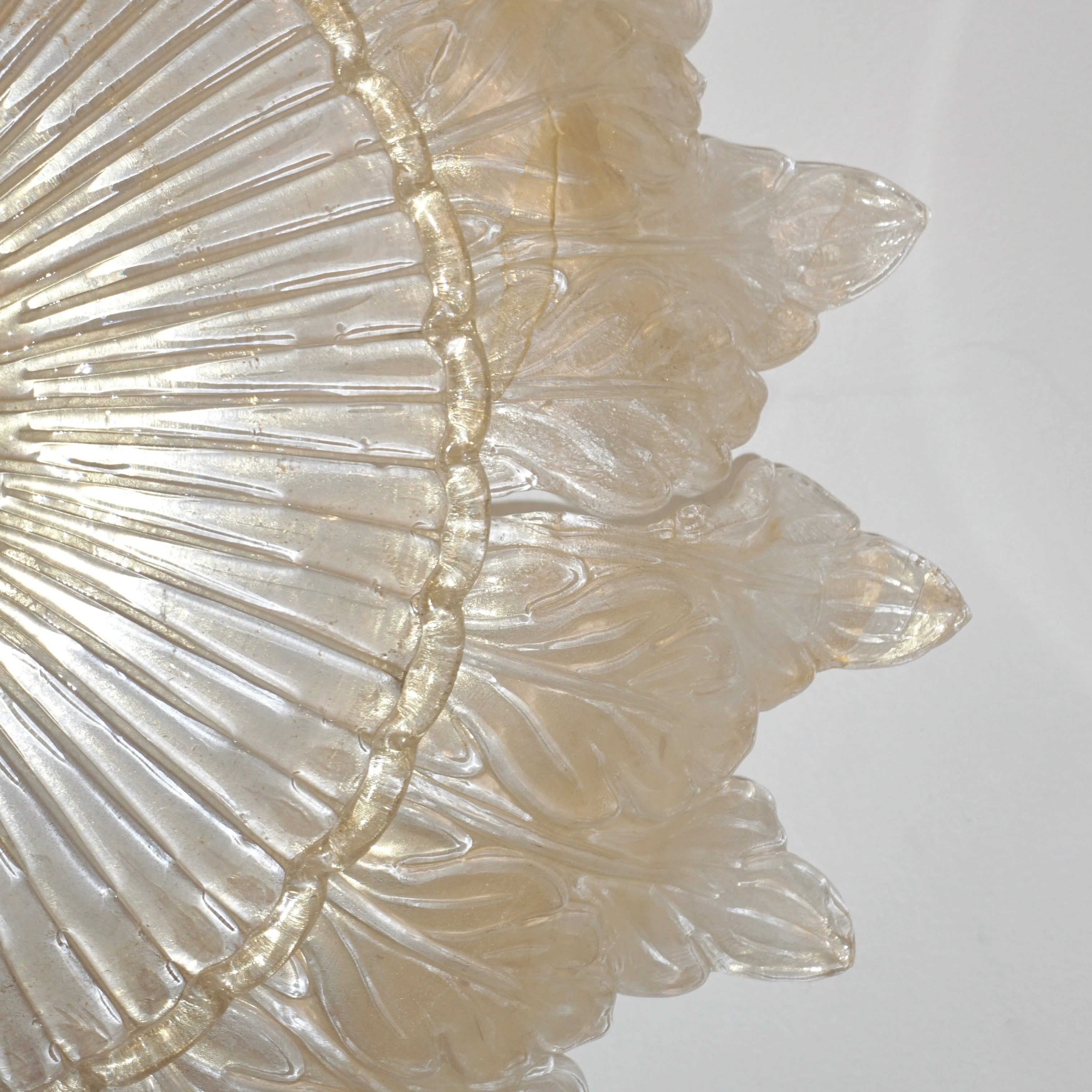 Italian Leaf Decor Pearl White and Gold Murano Glass Flush Mount Chandelier 1980