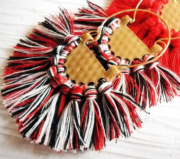 Large Black, Red & White Fringe Crescent Fan Shape Hoop Statement Trendy Atlanta Falcons Georgia Bulldogs, Fanfare Earrings