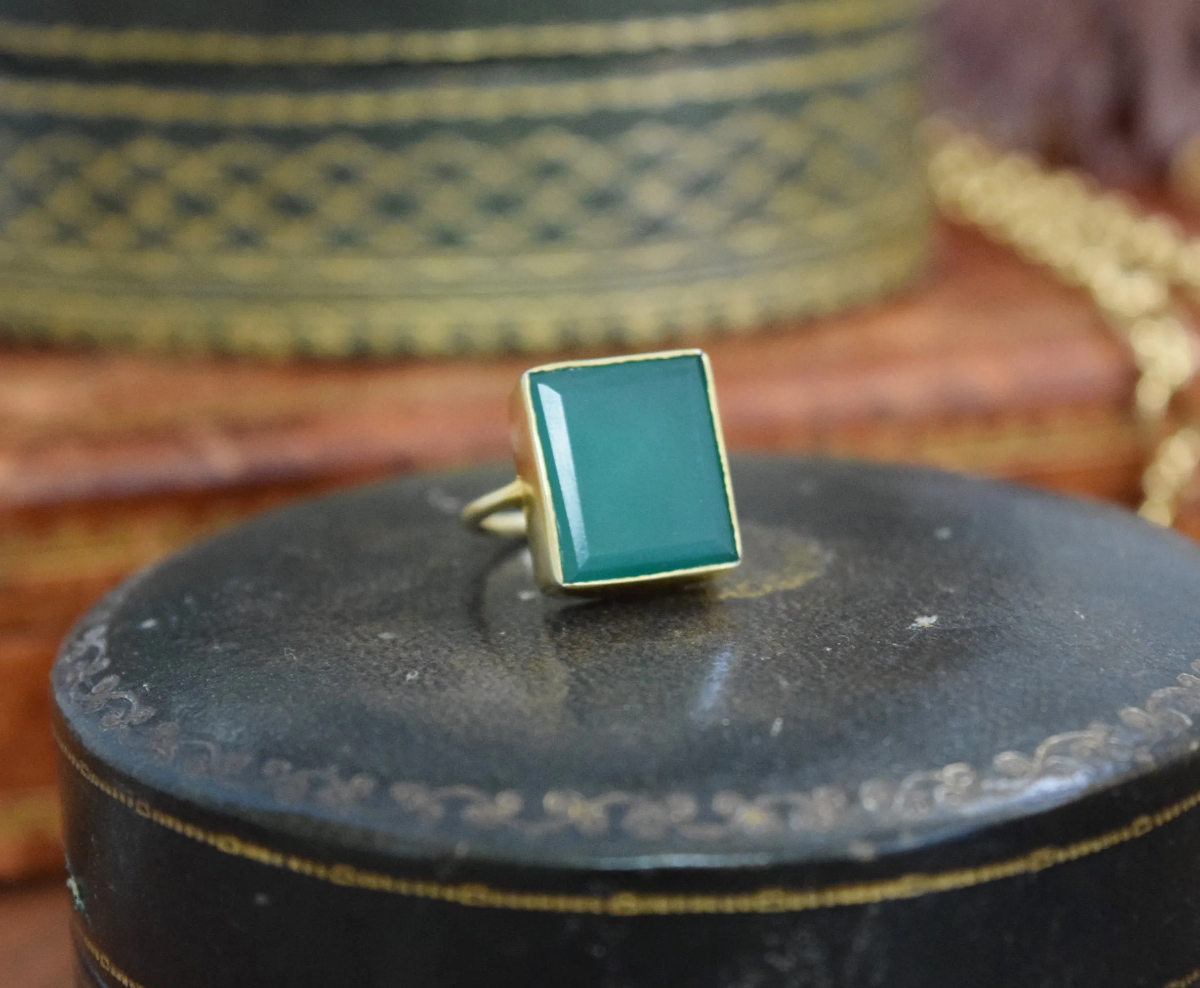 Large Green Onyx and Vermeil Ring