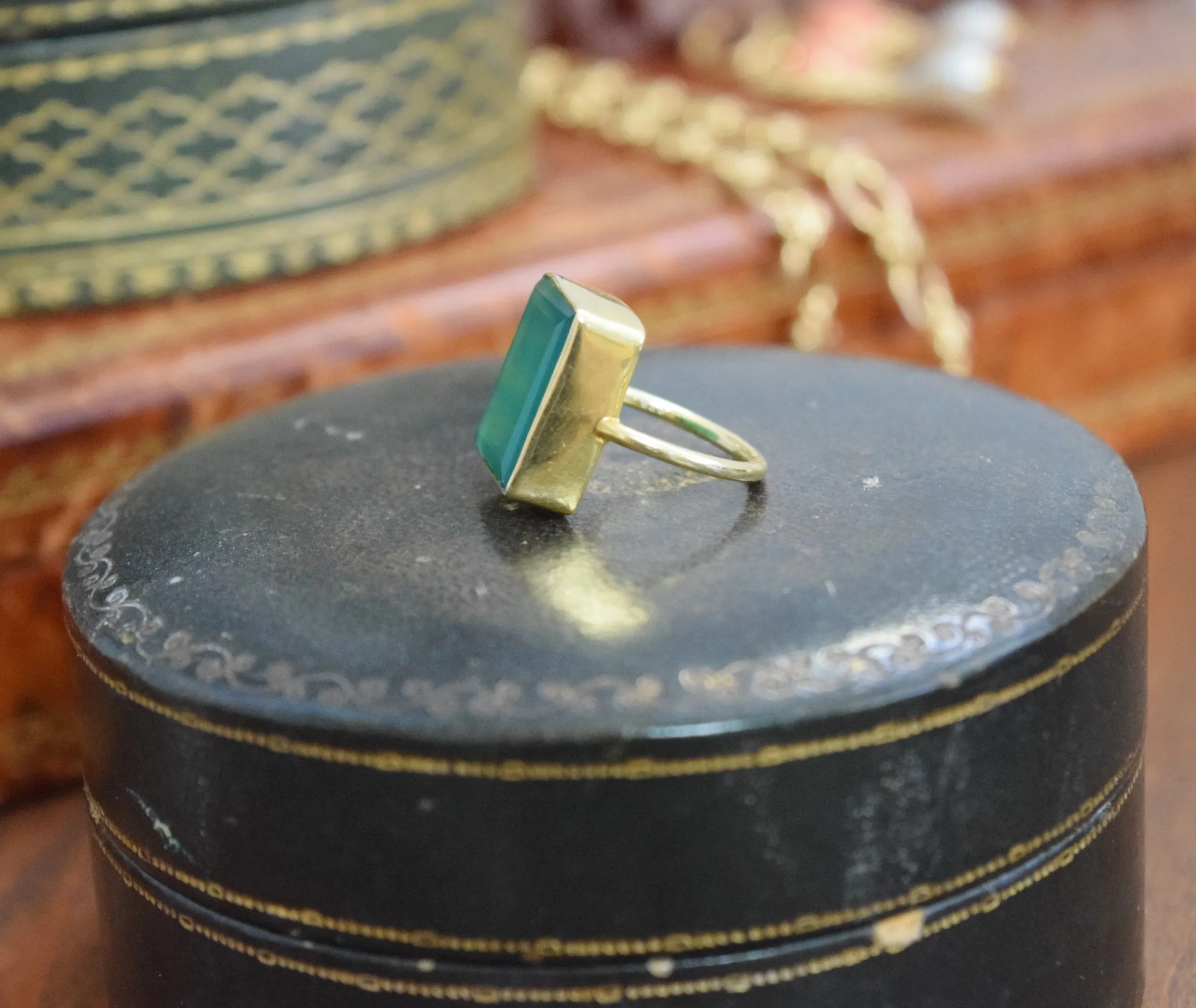 Large Green Onyx and Vermeil Ring