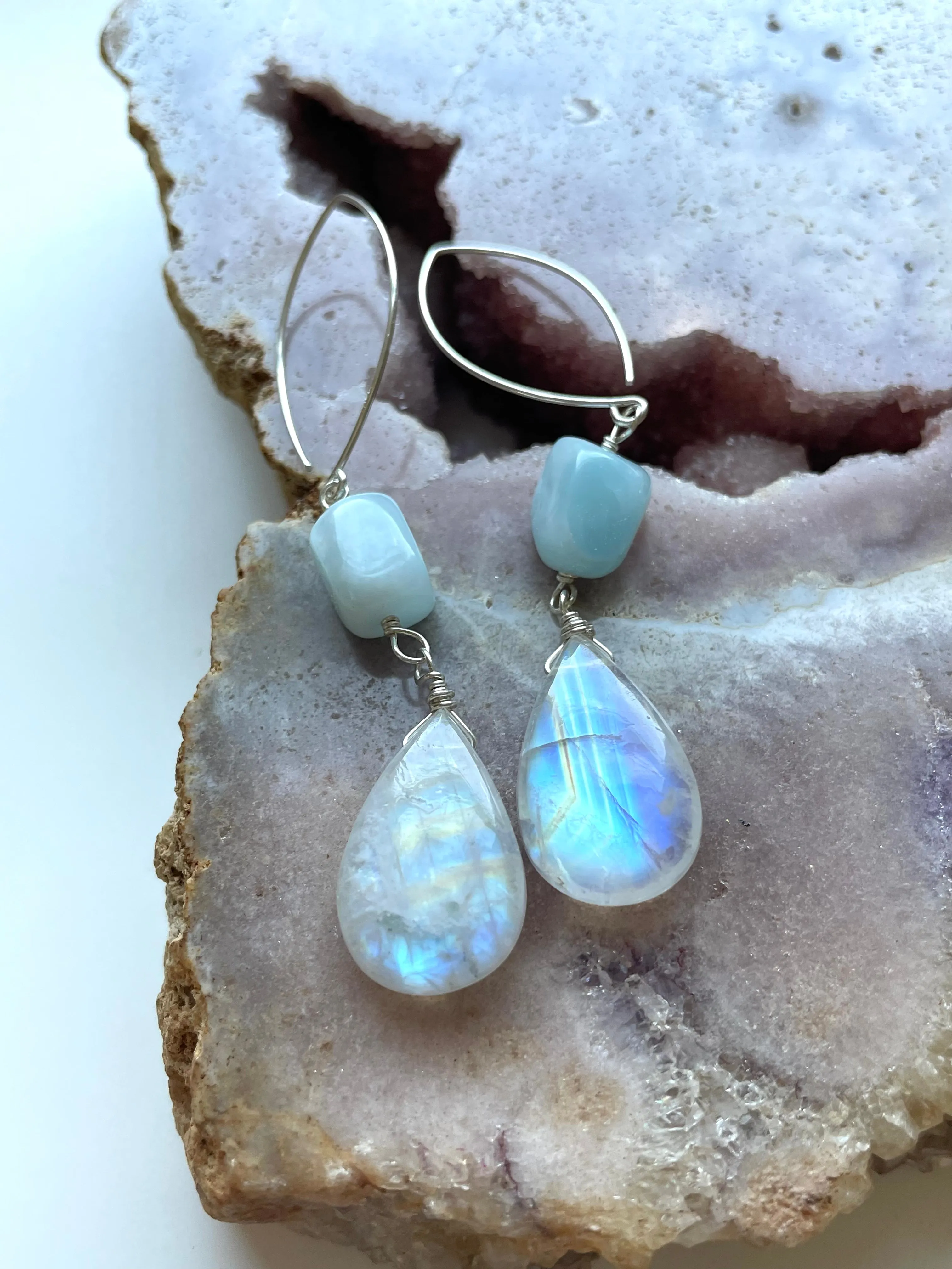 Long Larimar and Moonstone Earrings Sterling Silver or Gold Filled