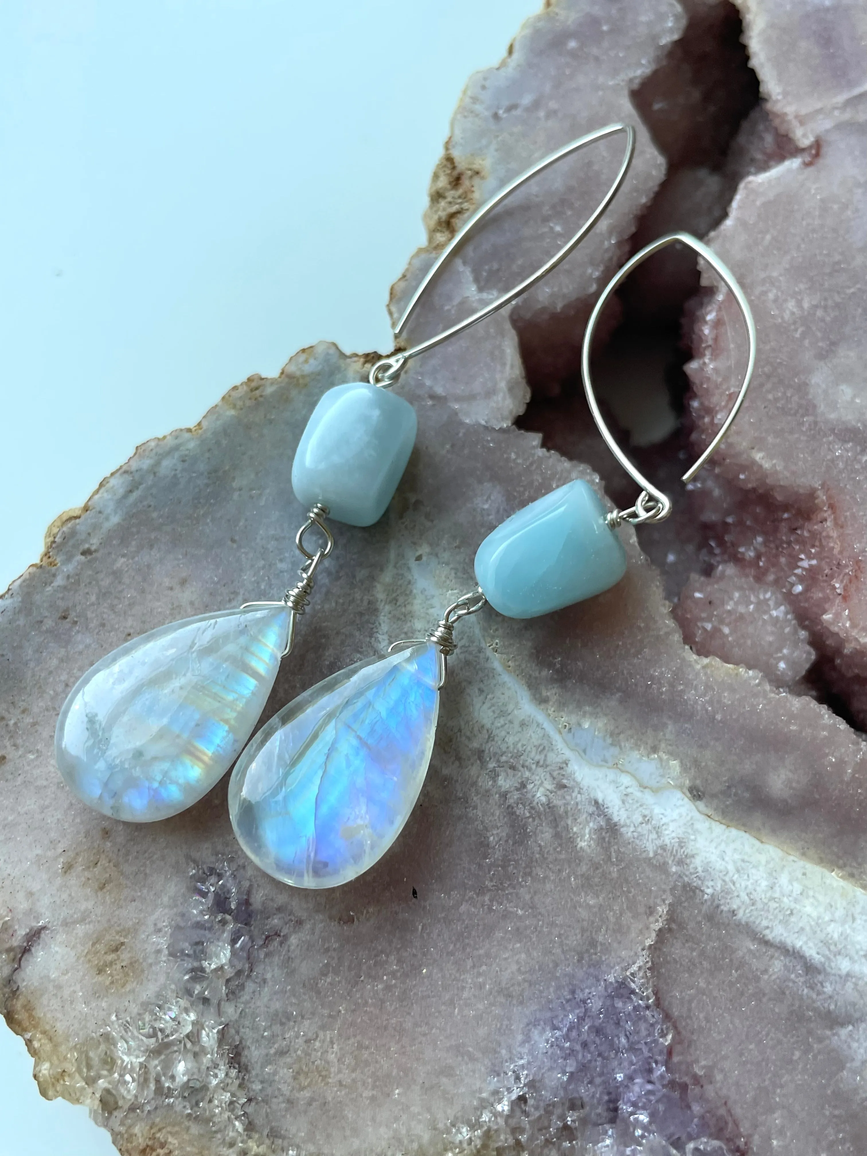 Long Larimar and Moonstone Earrings Sterling Silver or Gold Filled