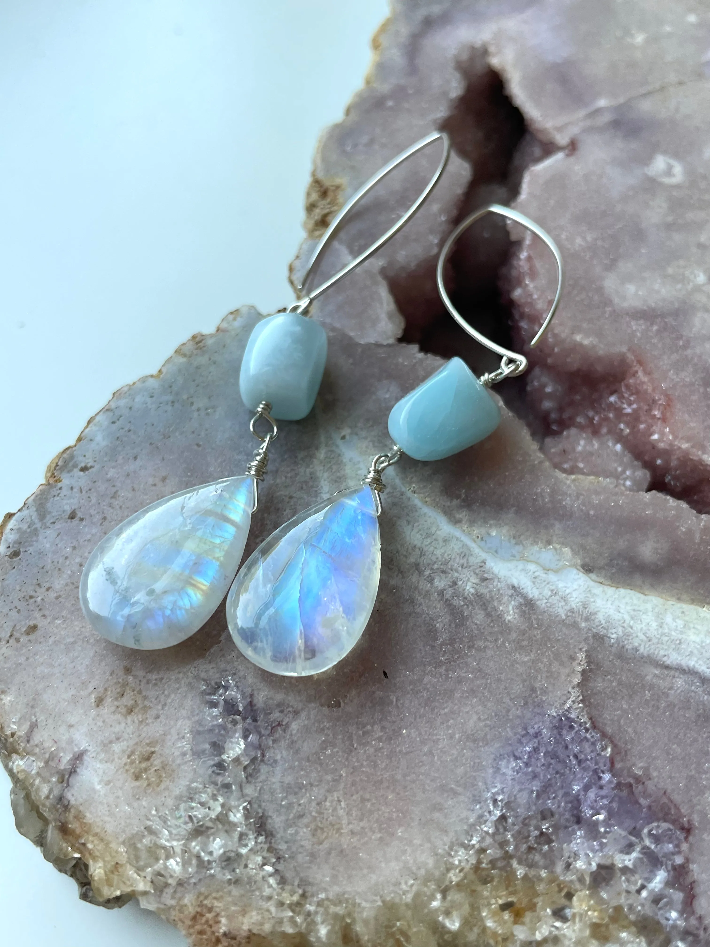 Long Larimar and Moonstone Earrings Sterling Silver or Gold Filled