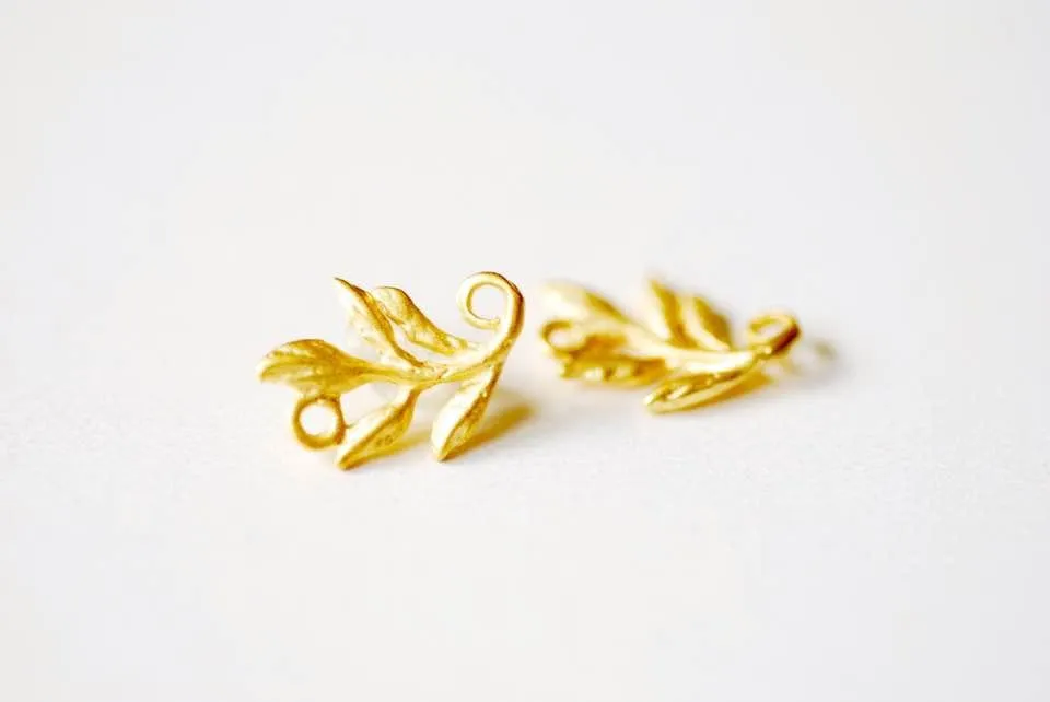 Matte Wholesale Vermeil Gold Fern Leaf Charm Connector -18k gold plated over sterling silver, vermeil gold flower nature leaf charm