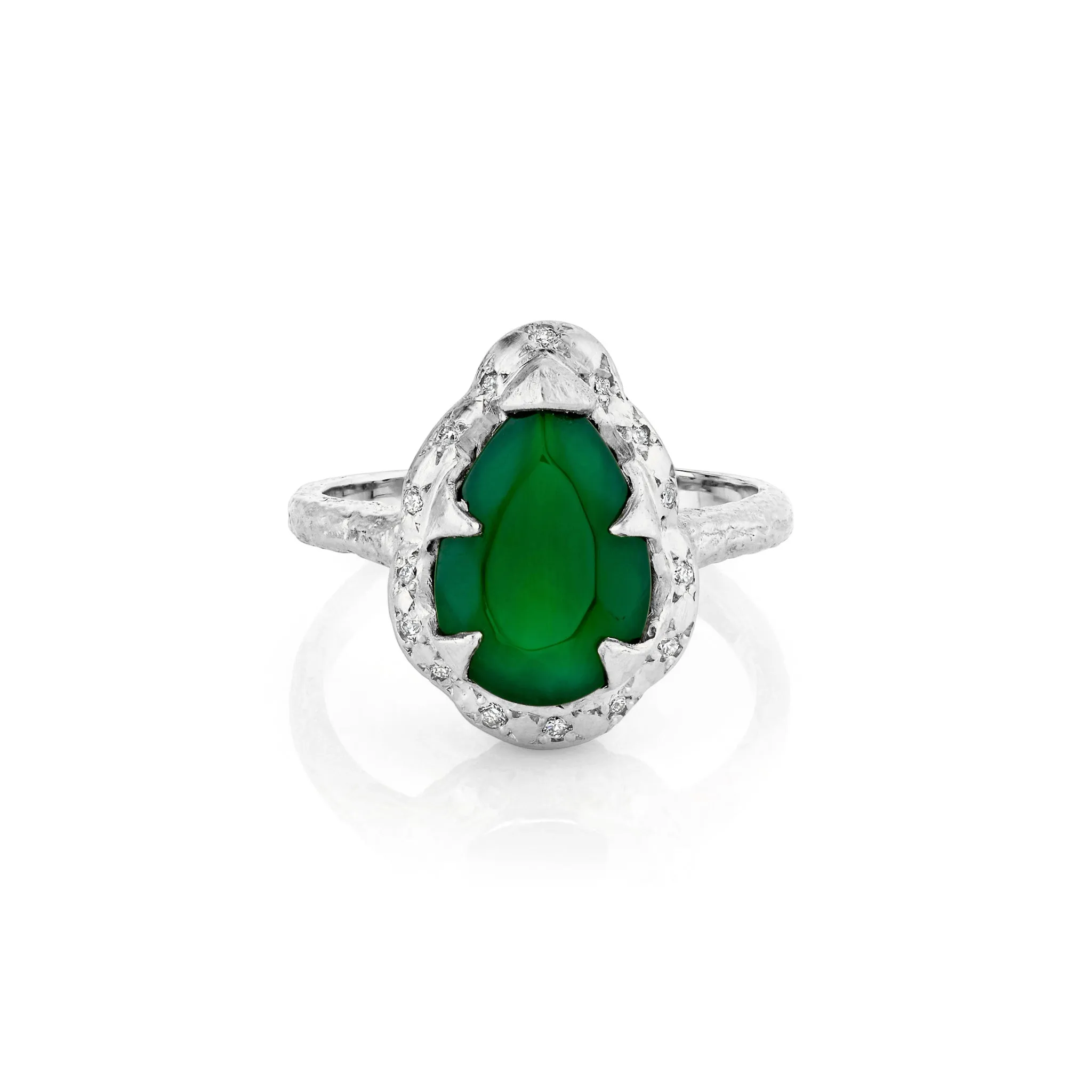 Medium Queen Water Drop Green Agate Ring with Sprinkled Diamonds