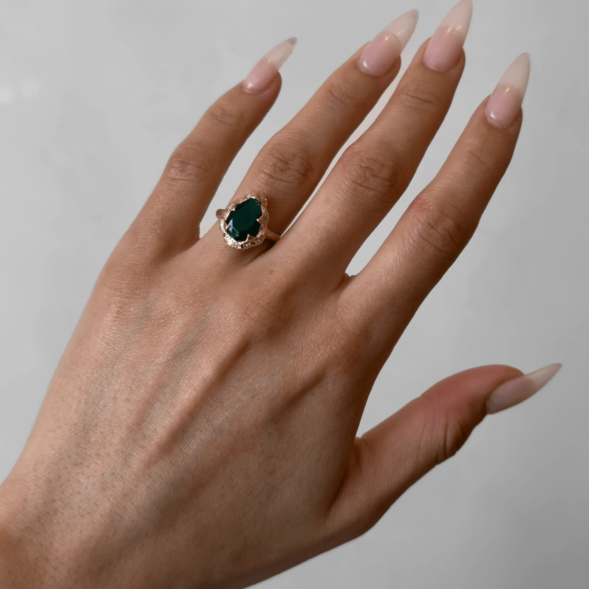 Medium Queen Water Drop Green Agate Ring with Sprinkled Diamonds