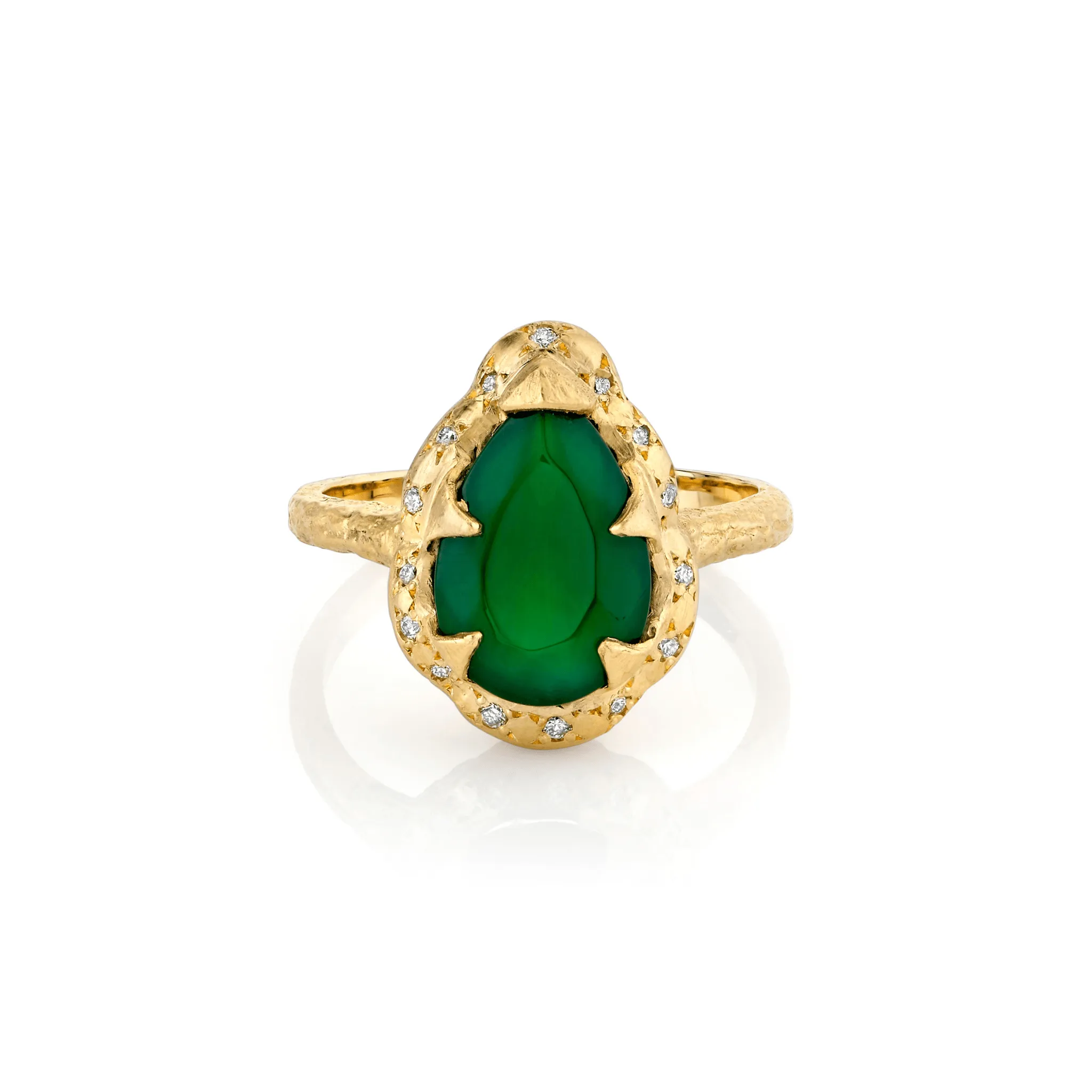 Medium Queen Water Drop Green Agate Ring with Sprinkled Diamonds