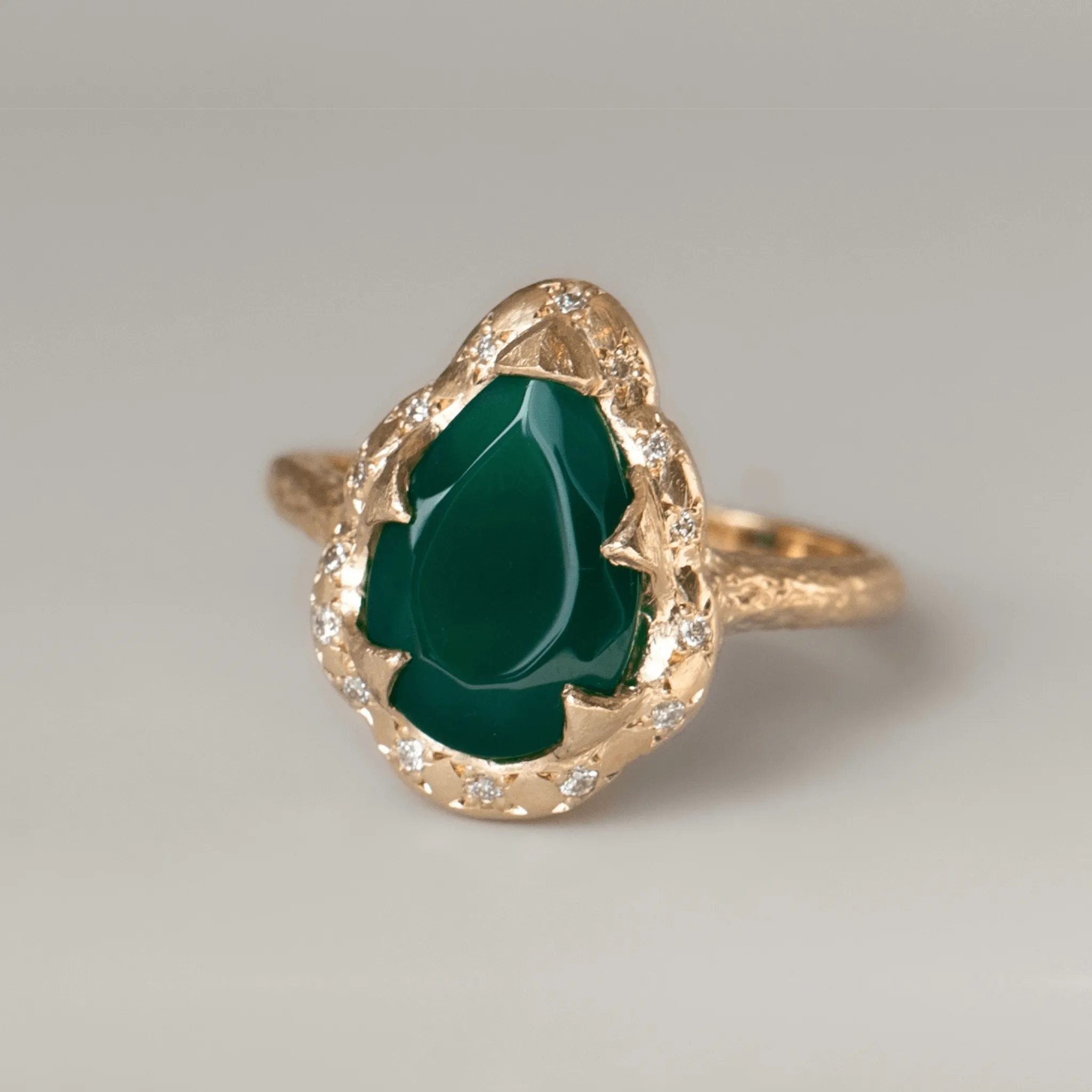 Medium Queen Water Drop Green Agate Ring with Sprinkled Diamonds