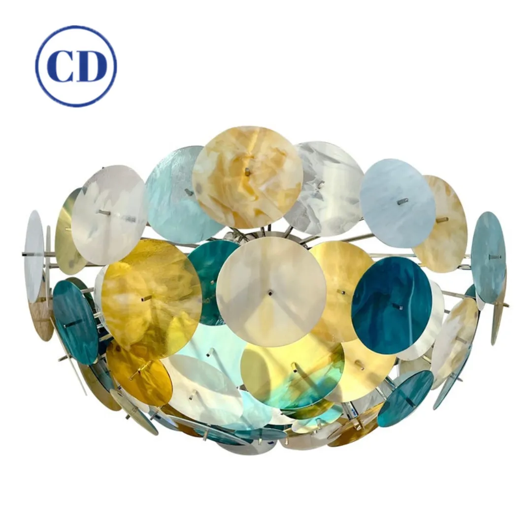 Modern Italian Aqua Blue Green Gold White Murano Glass Nickel Sputnik Flushmount