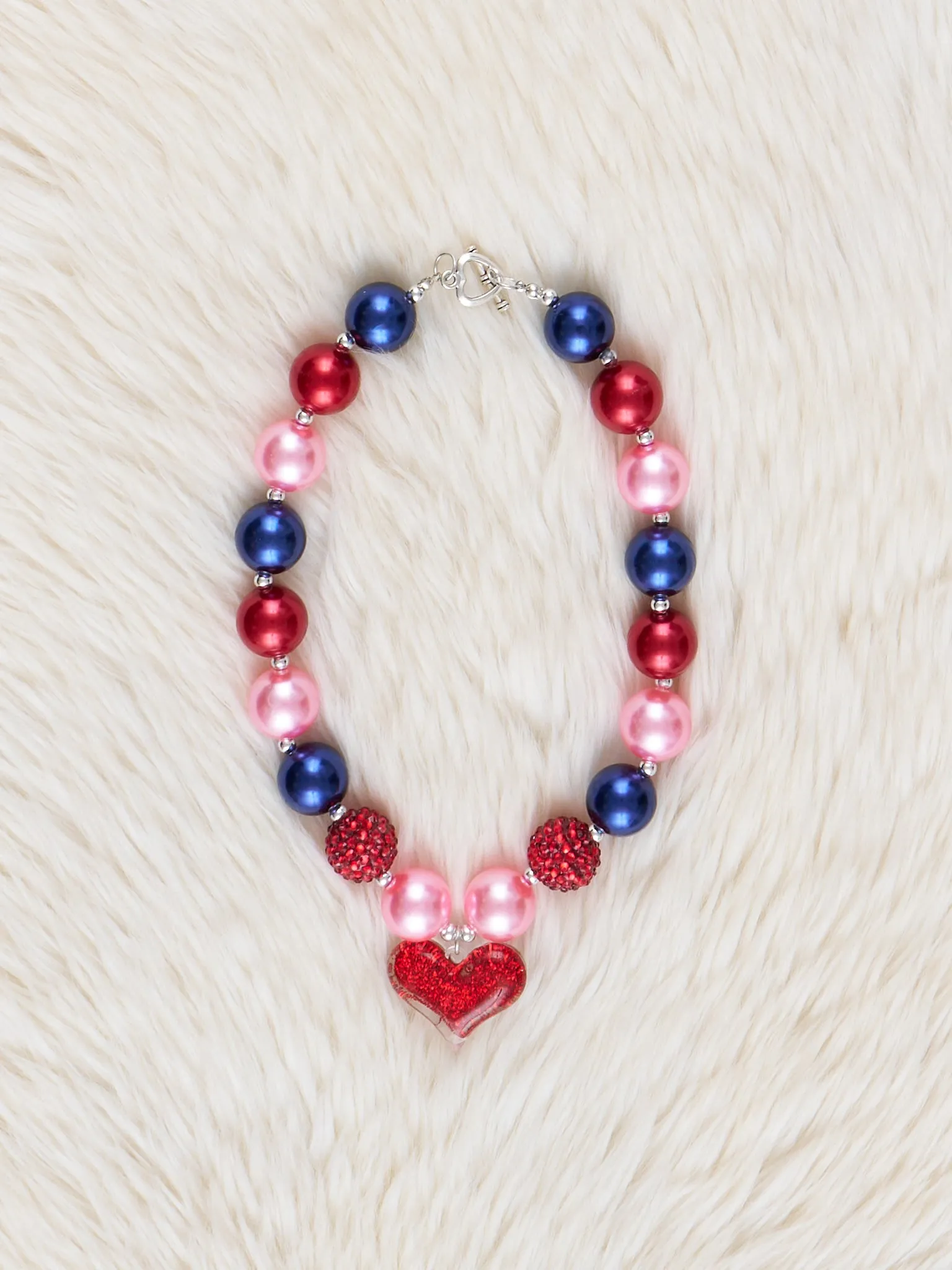 Navy & Red Heart Charm Bubblegum Necklace