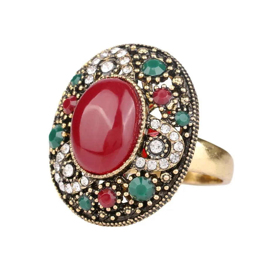 New Design Fashion Rings For Women Red Round Turquoise Tibetan Silver Alloy Wedding Rings