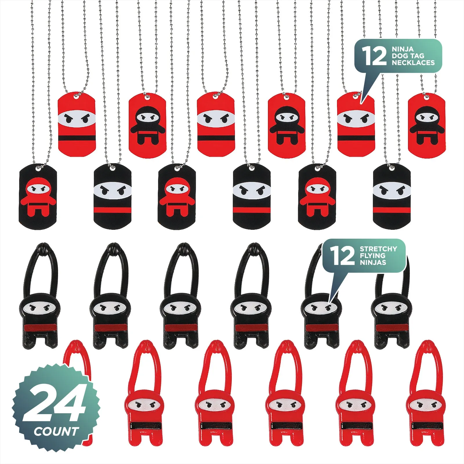 Ninja Party Favors - Stretchy Flying Ninjas and Dog Tag Necklaces (1 Doz Each, 24 Pieces Total)