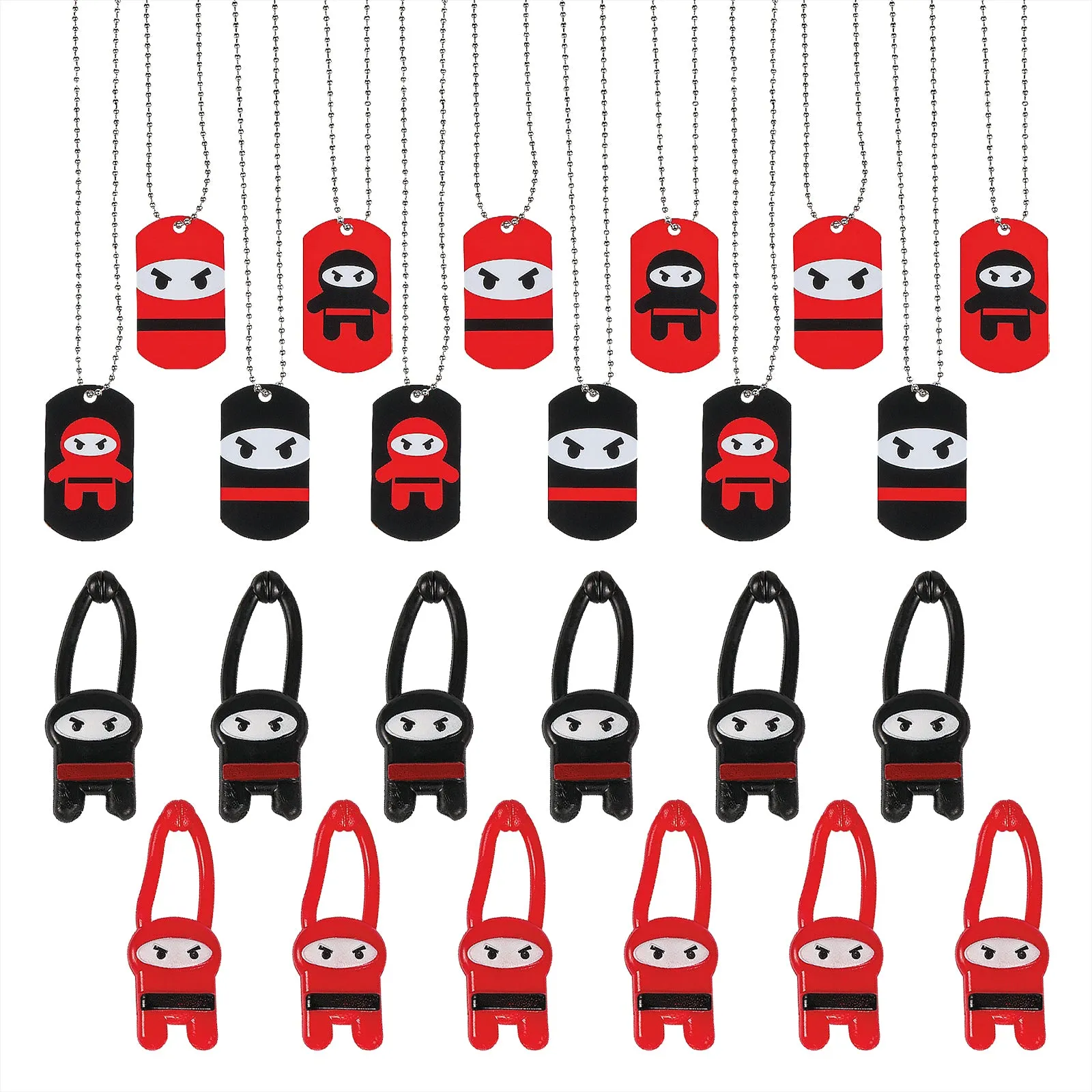 Ninja Party Favors - Stretchy Flying Ninjas and Dog Tag Necklaces (1 Doz Each, 24 Pieces Total)