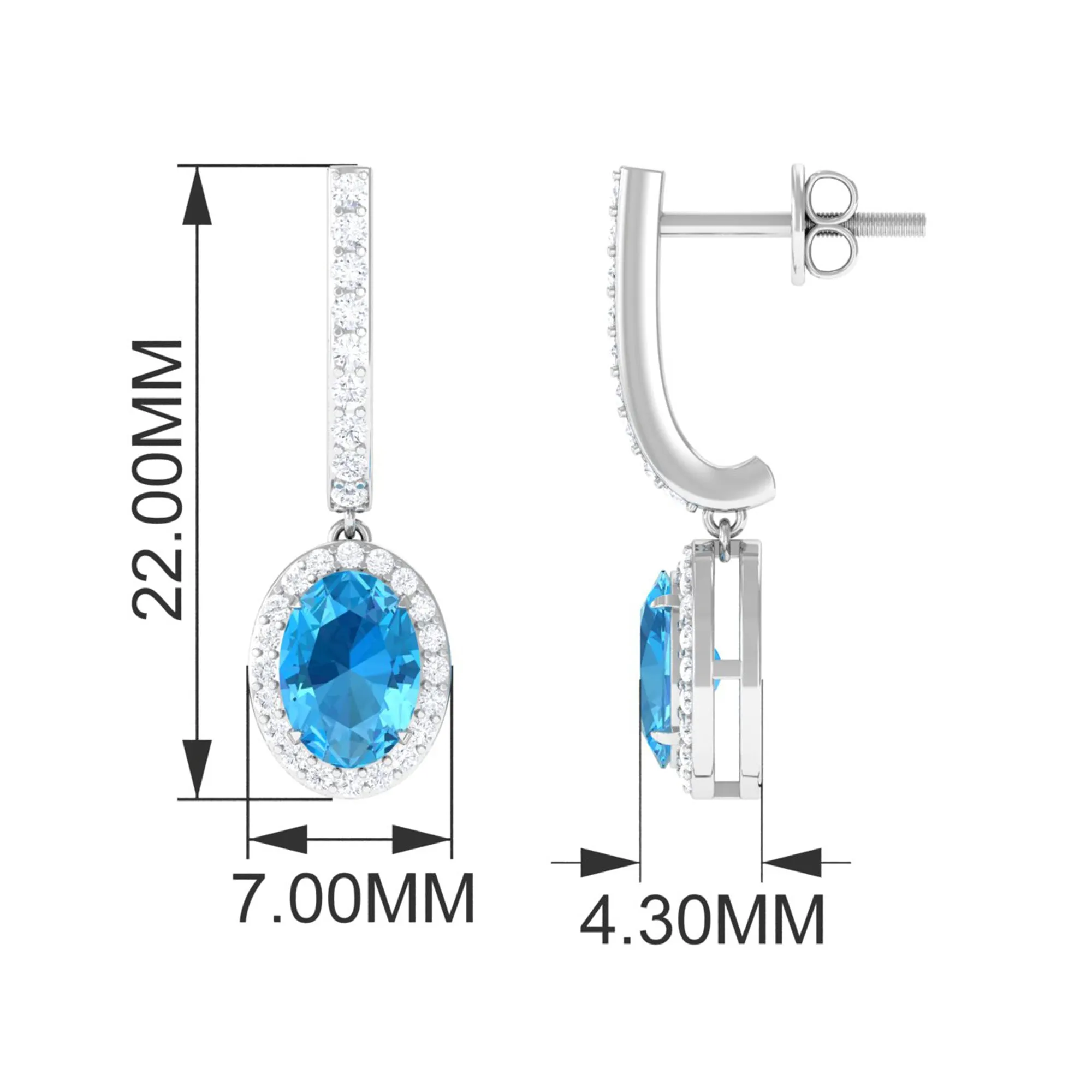 Oval Swiss Blue Topaz Hoop Drop Earrings with Diamond Halo