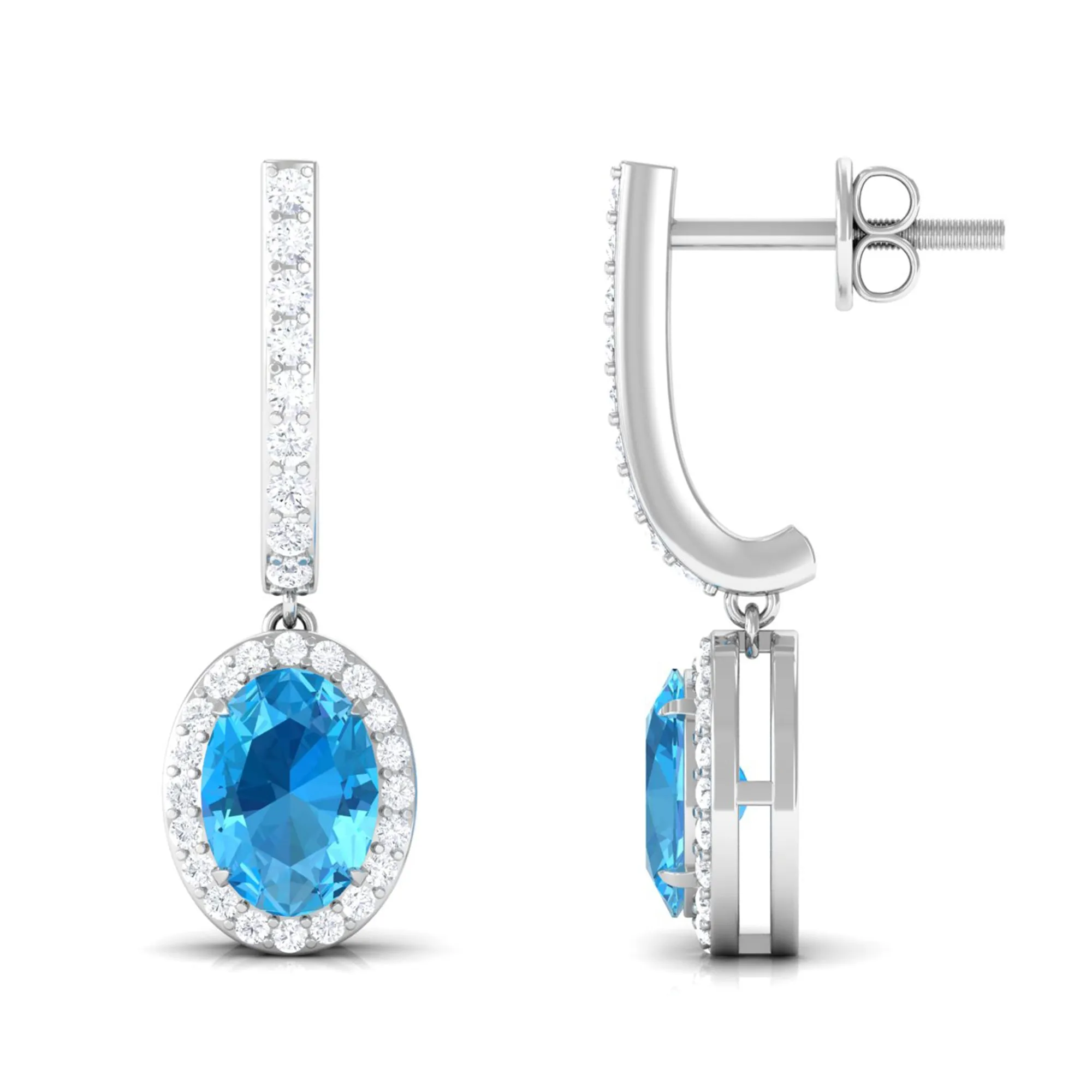 Oval Swiss Blue Topaz Hoop Drop Earrings with Diamond Halo