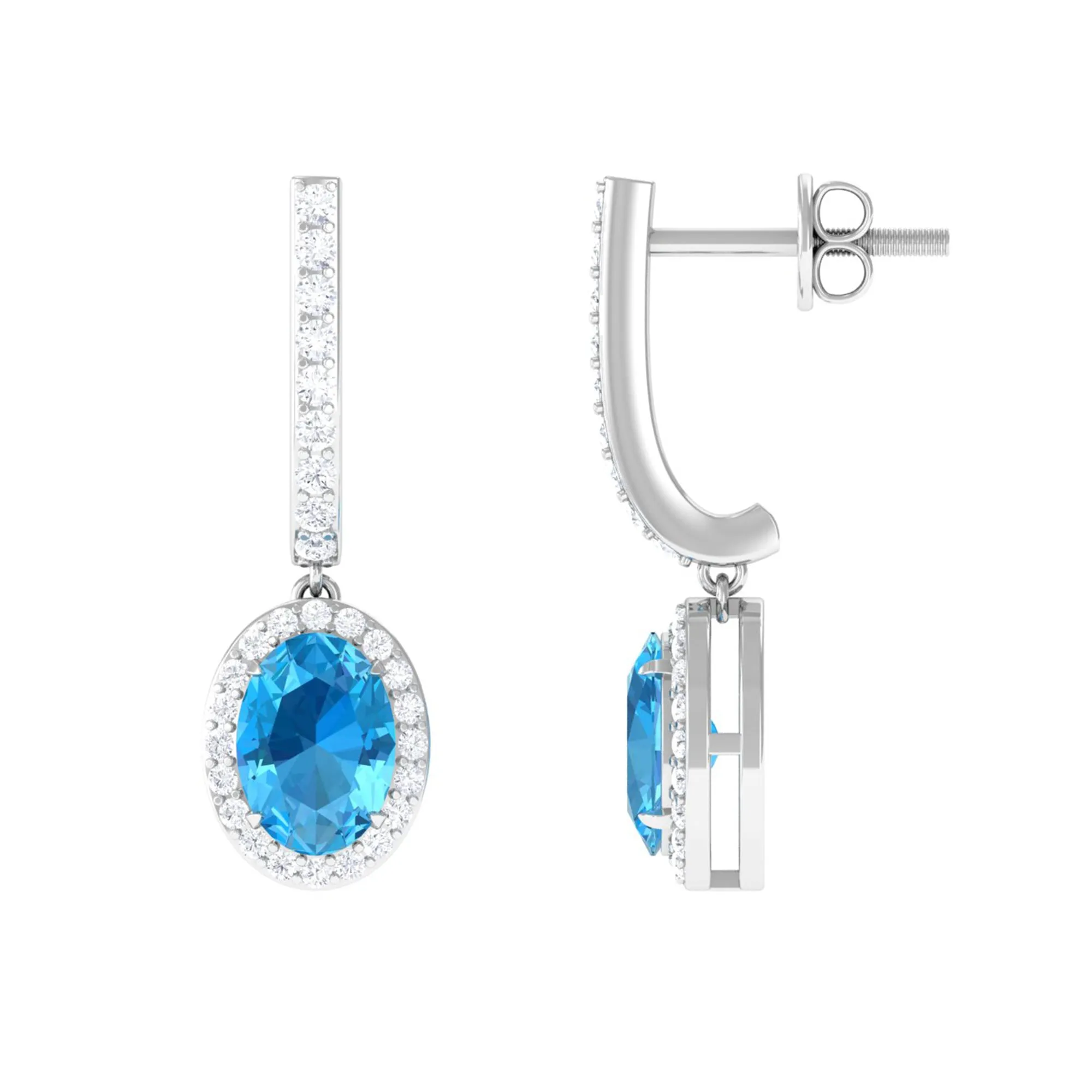 Oval Swiss Blue Topaz Hoop Drop Earrings with Diamond Halo