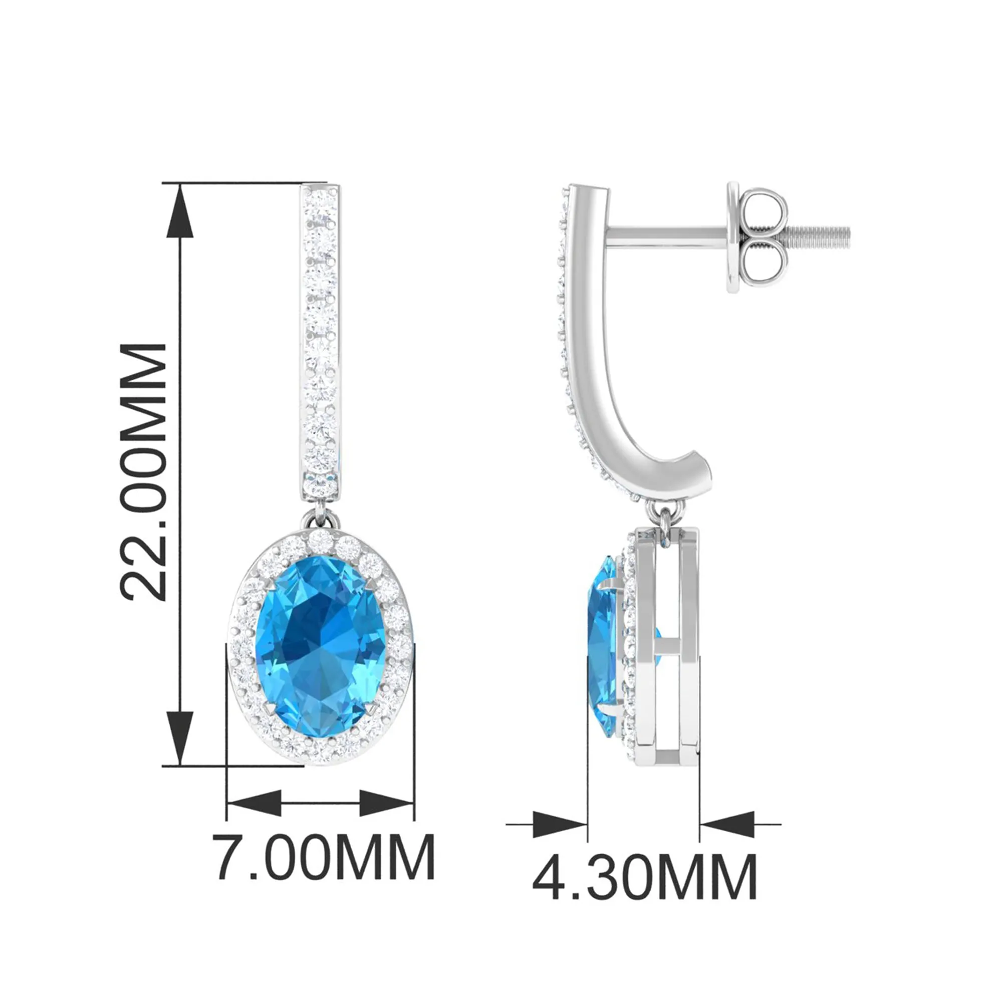 Oval Swiss Blue Topaz Hoop Drop Earrings with Diamond Halo