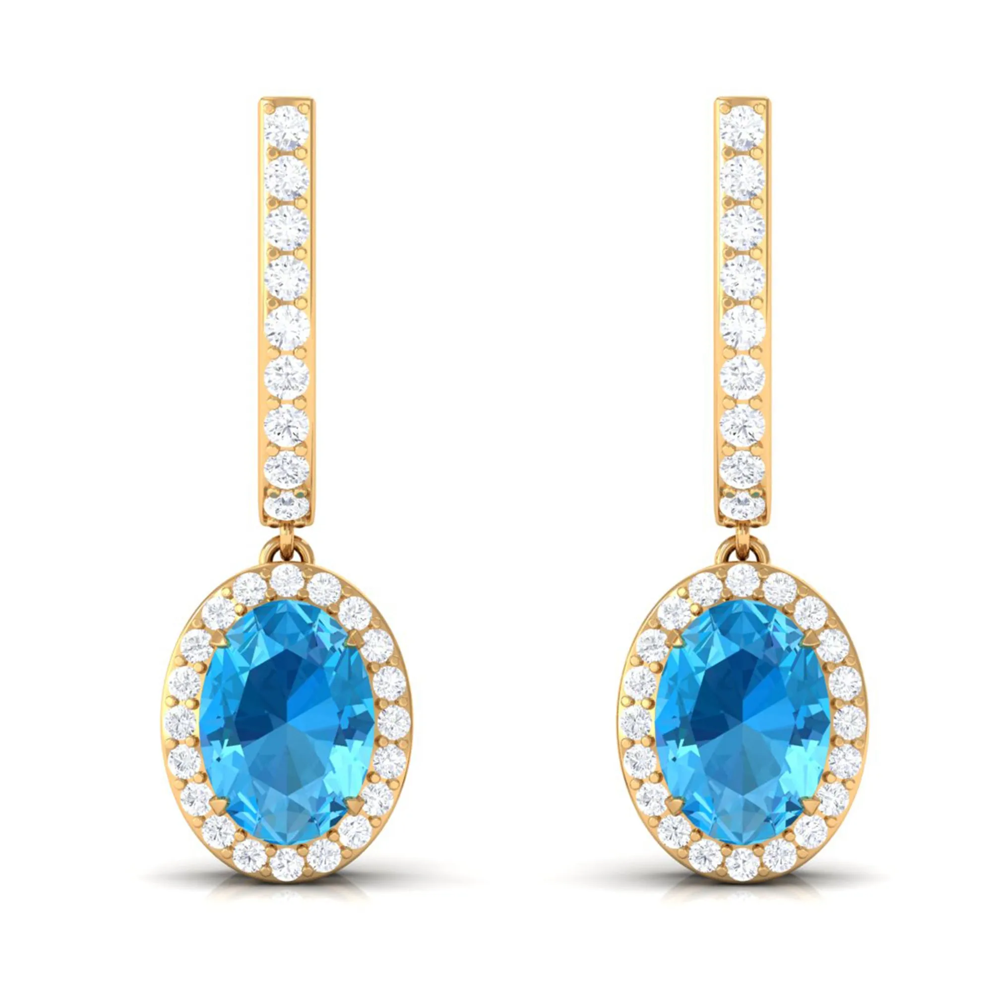 Oval Swiss Blue Topaz Hoop Drop Earrings with Diamond Halo