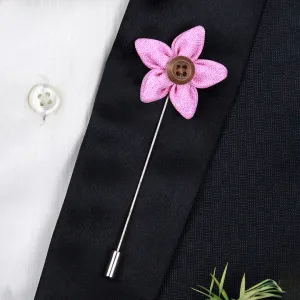 Peluche Brown Button Flower Pink Brooch Lapel Pin