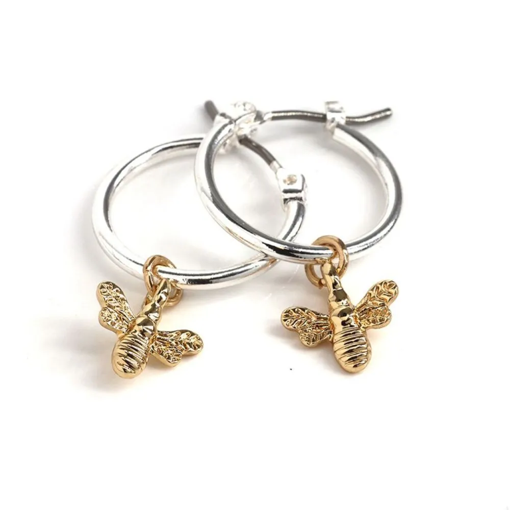 POM 16mm Silver Plated Hoop Earrings with Golden Bee Charm