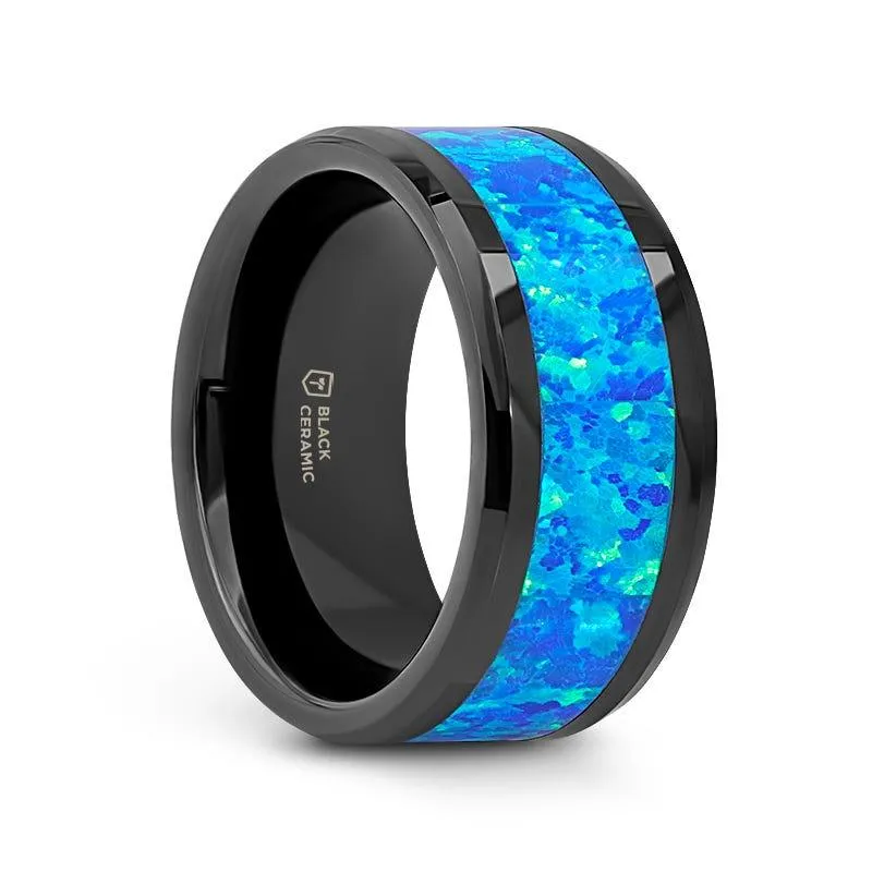 QUANTUM Black Ceramic Ring with Blue Green Opal Inlay - 4mm - 10mm