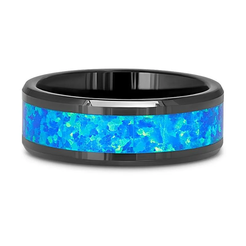 QUANTUM Black Ceramic Ring with Blue Green Opal Inlay - 4mm - 10mm