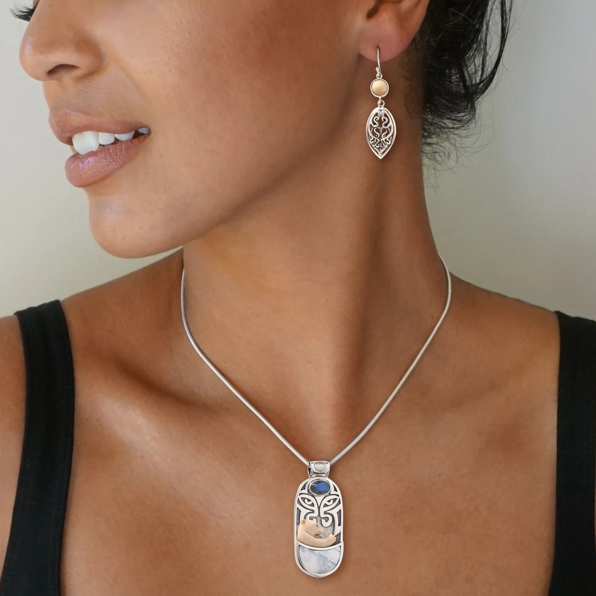 "Totem Bear" Ancient Mammoth Tusk, Labradorite and Mother of Pearl Polar Bear Pendant