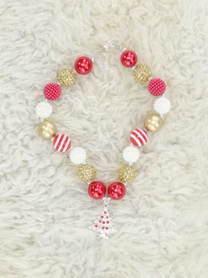 Red & Gold Christmas Tree Bubblegum Necklace