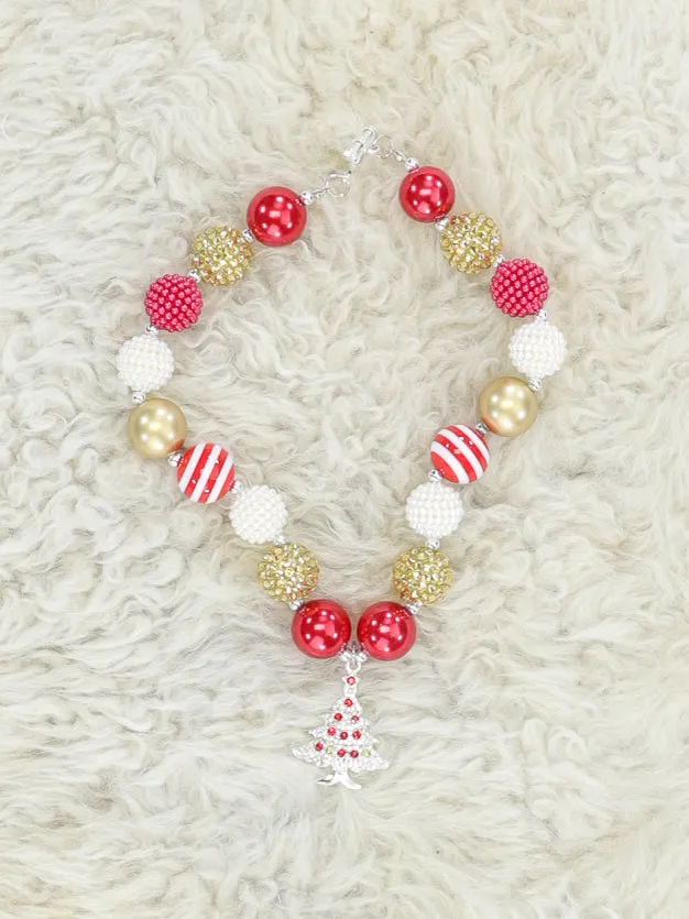 Red & Gold Christmas Tree Bubblegum Necklace