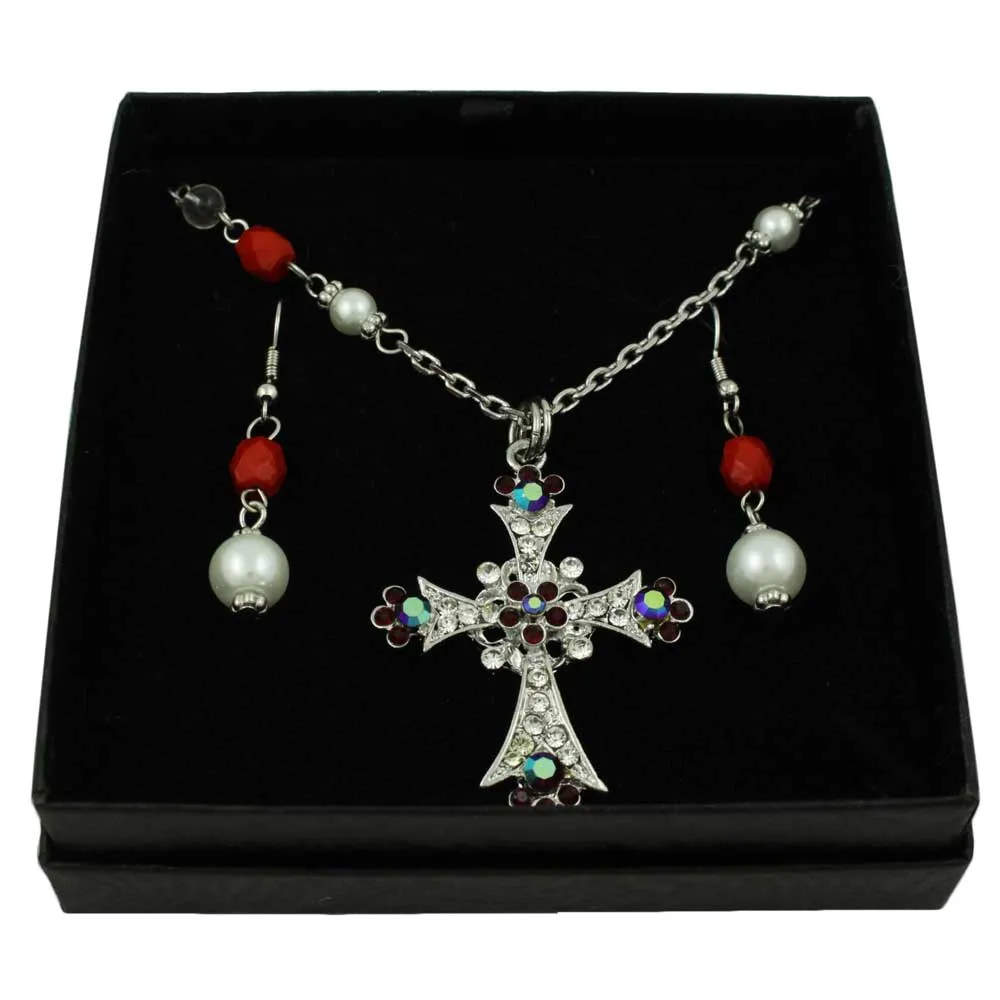 Red Crystal and Pearl Cross Necklace and Earring Set- PT723RD