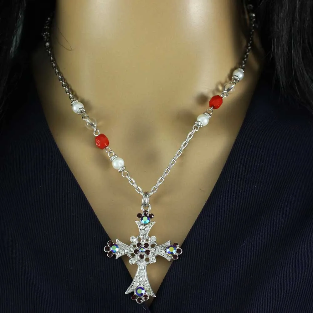 Red Crystal and Pearl Cross Necklace and Earring Set- PT723RD