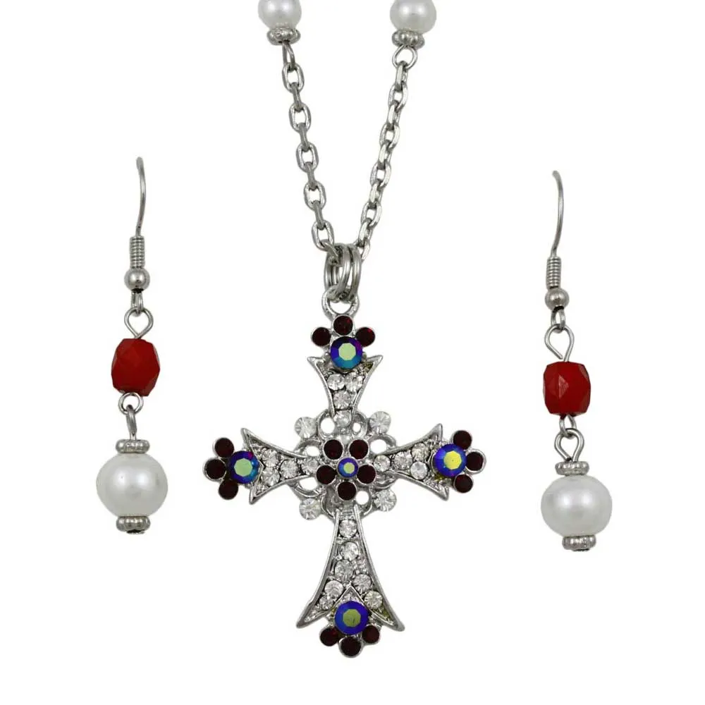 Red Crystal and Pearl Cross Necklace and Earring Set- PT723RD