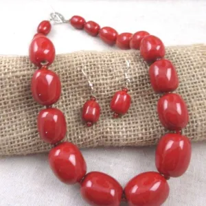 Red Necklace & Earrings in Handmade Big Bold Fair Trade Kazuri Beads