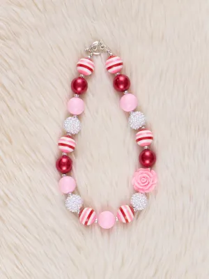 Red Stripes & Pink Rose Bubblegum Necklace