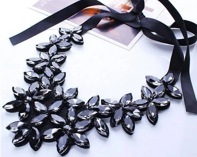 Rope Black Ribbon, Bohemian Resin Crystal Flowers Choker Necklaces